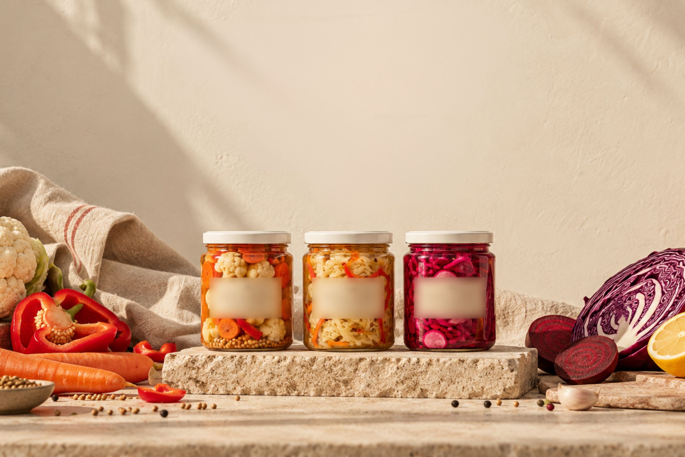 Three jars of pickled vegetables on a stone slab, surrounded by cauliflower, red peppers, carrots, red cabbage, beets and lemon